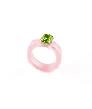 Emerald Rose Ring in Pink with Green Crystal